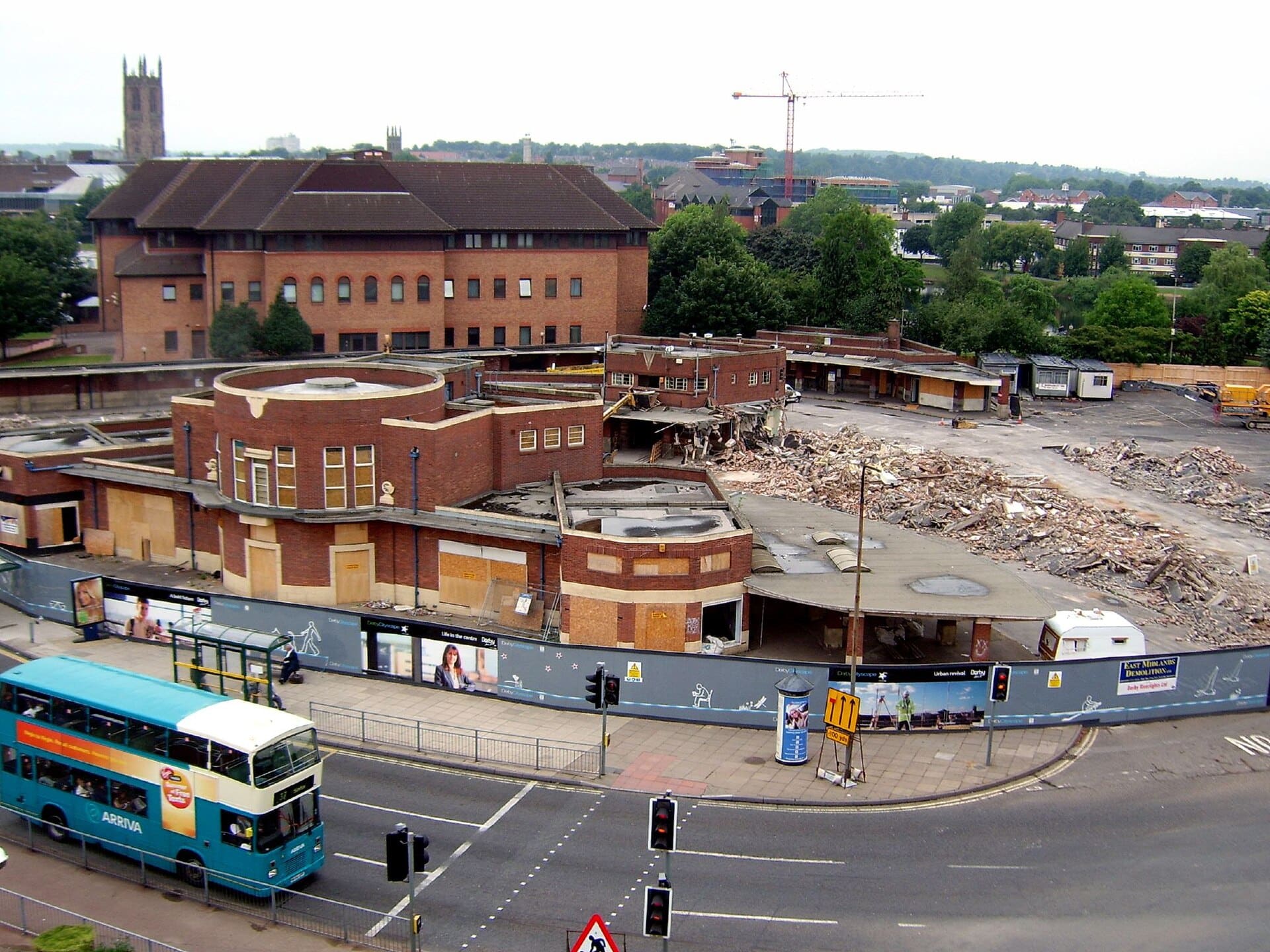 The demolition of Derby's much disliked (although vocally defended) modern-art bus station, taken in June, 2006. Bottom left is an Arriva bus, a Volvo Citybus double-decker with East Lancs '1984-style' body, possibly one of the 1991 built H??? GPF batch.