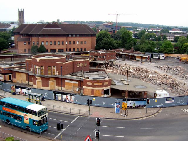 The demolition of Derby's much disliked (although vocally defended) modern-art bus station, taken in June, 2006. Bottom left is an Arriva bus, a Volvo Citybus double-decker with East Lancs '1984-style' body, possibly one of the 1991 built H??? GPF batch.