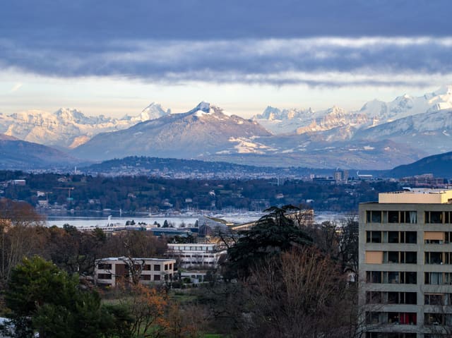 A breathtaking view of Geneva with Swiss Alps backdrop under a cloudy sky at day.