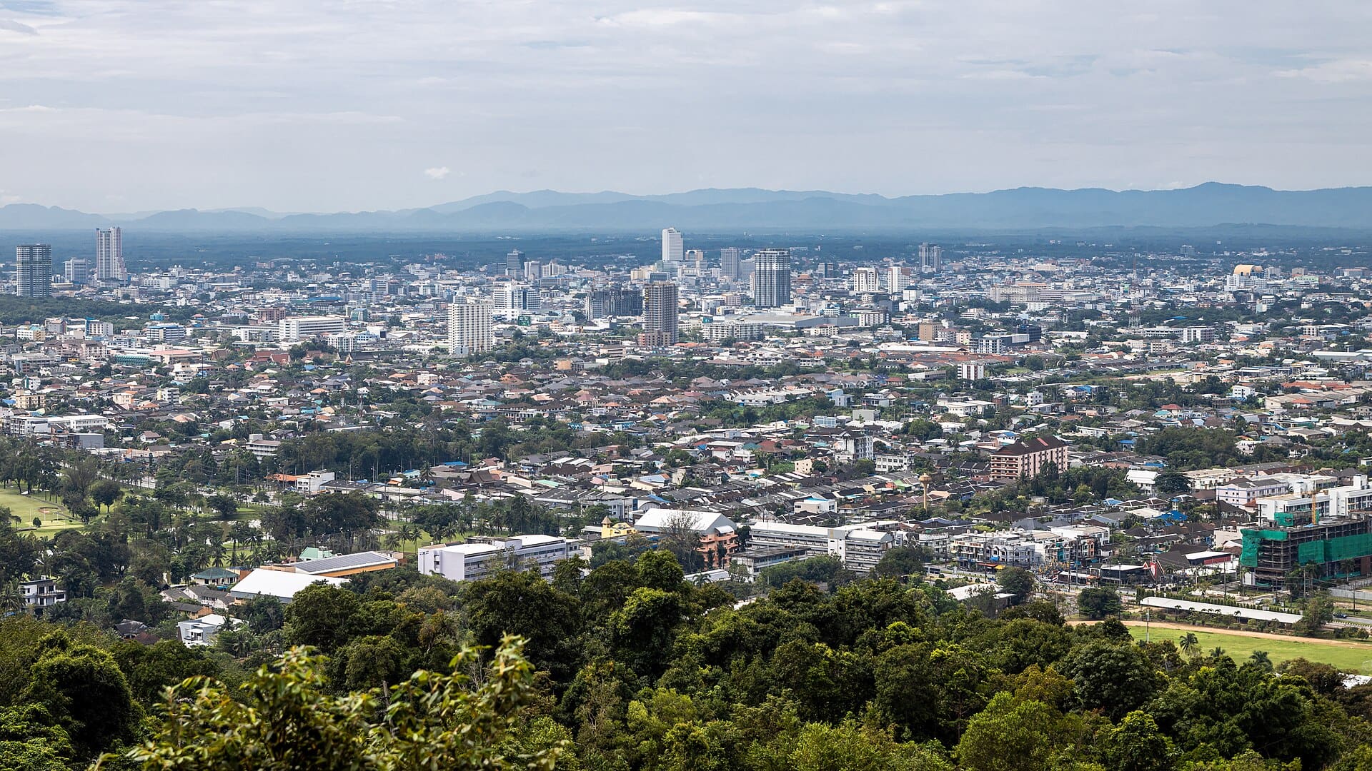 The skyline of Hat Yai City, Hat Yai District, Songkhla province, southern Thailand.