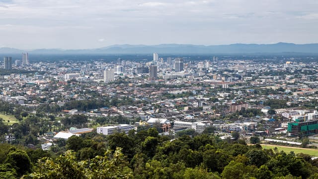 The skyline of Hat Yai City, Hat Yai District, Songkhla province, southern Thailand.