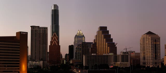 Austin Skyline at Dusk Author is User:Jcutrer on Commons.
