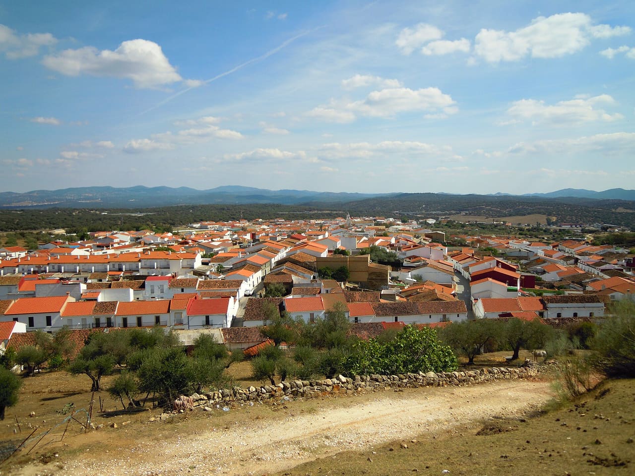 Panoramic photo view of the village of Santa Olalla del Cala taken from the castle hill