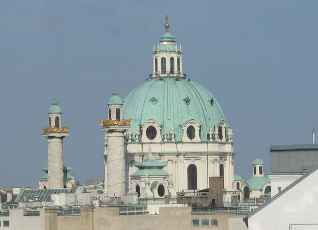 Skyline of St. Charles's Church (Vienna), seen from the Freihaus of the Vienna University of Technology