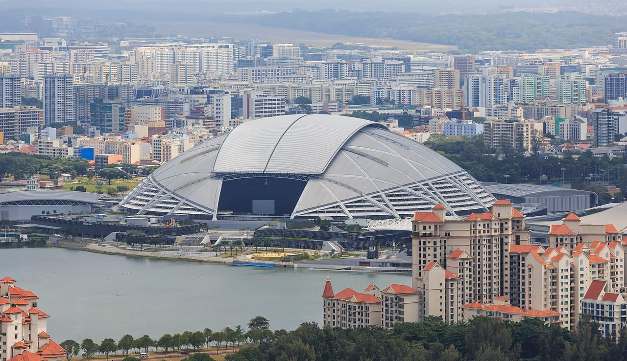 Singapore: Singapore Sports Hub with the National Stadium, seen from Marina Bay Sands top observation deck