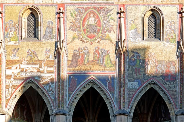 The Golden Portal use to be the main entrance to the cathedral. Bohemian royals entered through this portal on coronation day. The colorful mosaic above the portal was created in the fourteenth century by Venetian artisans and depicts The Last Judgment. St. Vitus Cathedral, dominates the skyline wherever you are in city. The cathedral was commissioned by Charles IV, and construction began in 1344. it took almost six centuries to complete, with the final phase of construction in the period 1873-1929. It is the largest and most important church in Prague, St. Vitus Cathedral has also been the site of the coronation of Czech kings and queens. The Great South Tower of the Cathedral was founded in the late 14th century, then reconstructed in the 16th and again in the 18th centuries. The tower holds the biggest bell in the Czech Republic, called Žikmund, which dates from the 16th century.