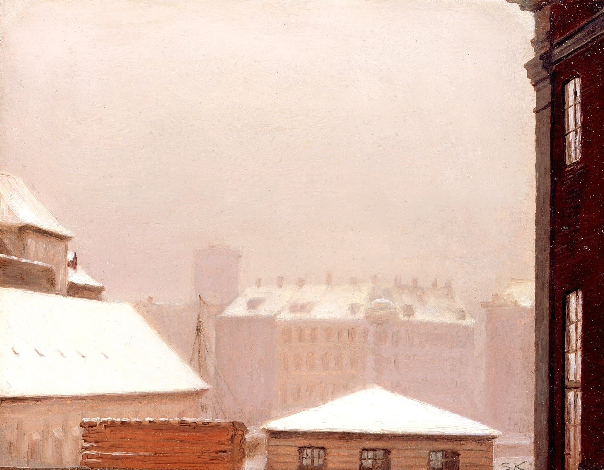 This is probably Udsigt fra Christianshavn mod Nikolai Taarn. Marts. ("View from Christianshavn toward Nicolai Tower. March.") from March 1871. It has number 43 in Christensen's book and dates from March 1871. Only point is that Christensen gives its dimensions slightly smaller (16 x 19)
