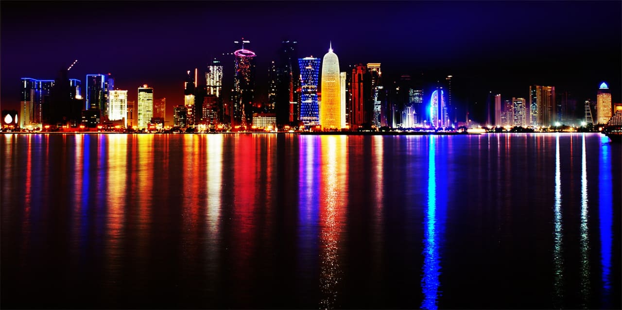 Doha, Qatar. Skyline at night. Showing the expansion of the business district.