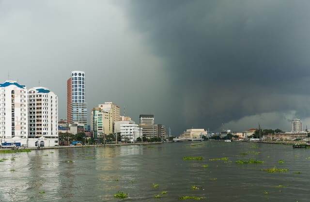 Manila, Philippines: A tropical storm approaching the capital, seen from Fort Angelo