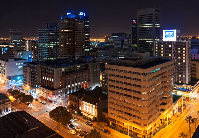 Downtown Cape Town at night, from the roof of the Strand South hotel.