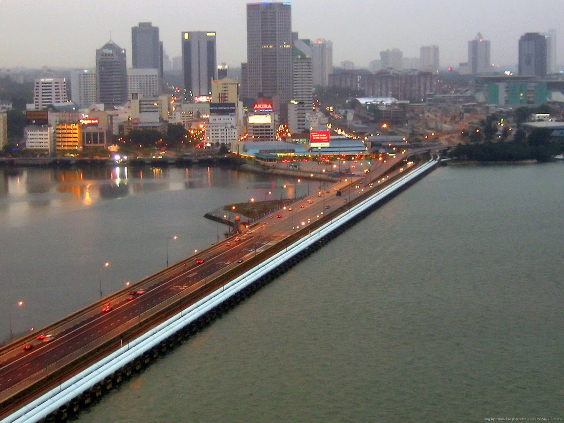 The Singapore-Johor causeway, spanning across the Johor Straits. It is one of two bridges which connect Singapore to Malaysia and Continental Asia.