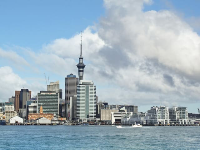 The Auckland skyline and yachts in the Waiamata Harbor, as seen from Devonport.