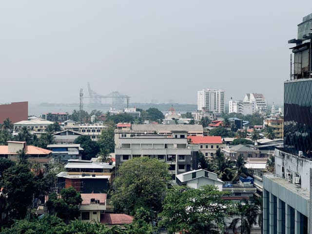 Cityscape with buildings and distant harbor view, showcasing urban life and architecture.