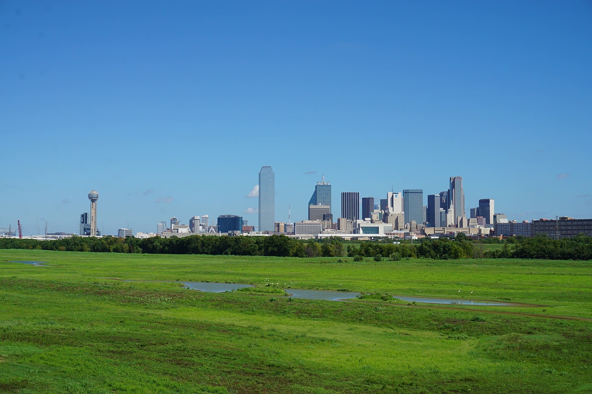 The Dallas skyline viewed from the Oak Cliff neighborhood in Dallas, Texas (United States).