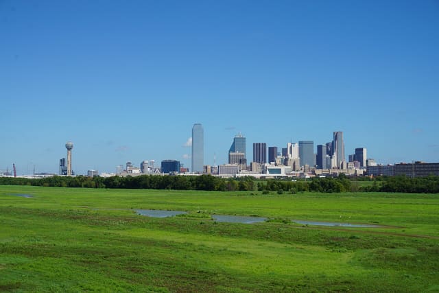 The Dallas skyline viewed from the Oak Cliff neighborhood in Dallas, Texas (United States).