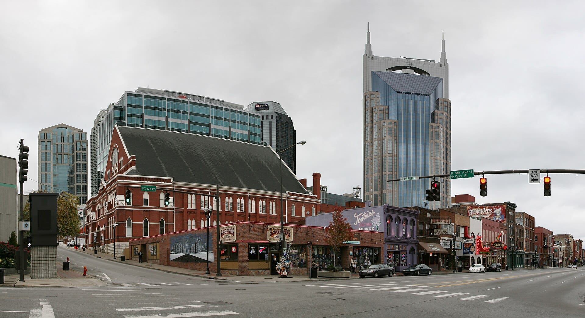Downtown Nashville at the corner of Broadway and Opry Pl., the Ryman auditorium can be seen on the left.