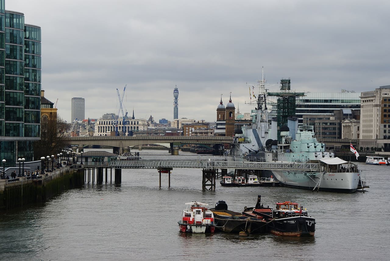 River Thames From Tower Bridge Looking up river, past HMS Belfast, towards London Bridge. The Post Office Tower (and subsequent names) can be seen on the skyline, towards the centre of picture.