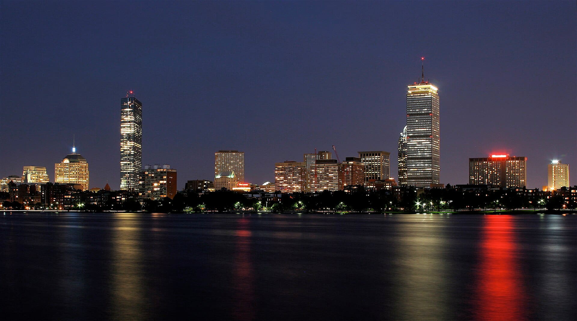 Boston skyline at night, as seen from across the Charles River in Cambridge.