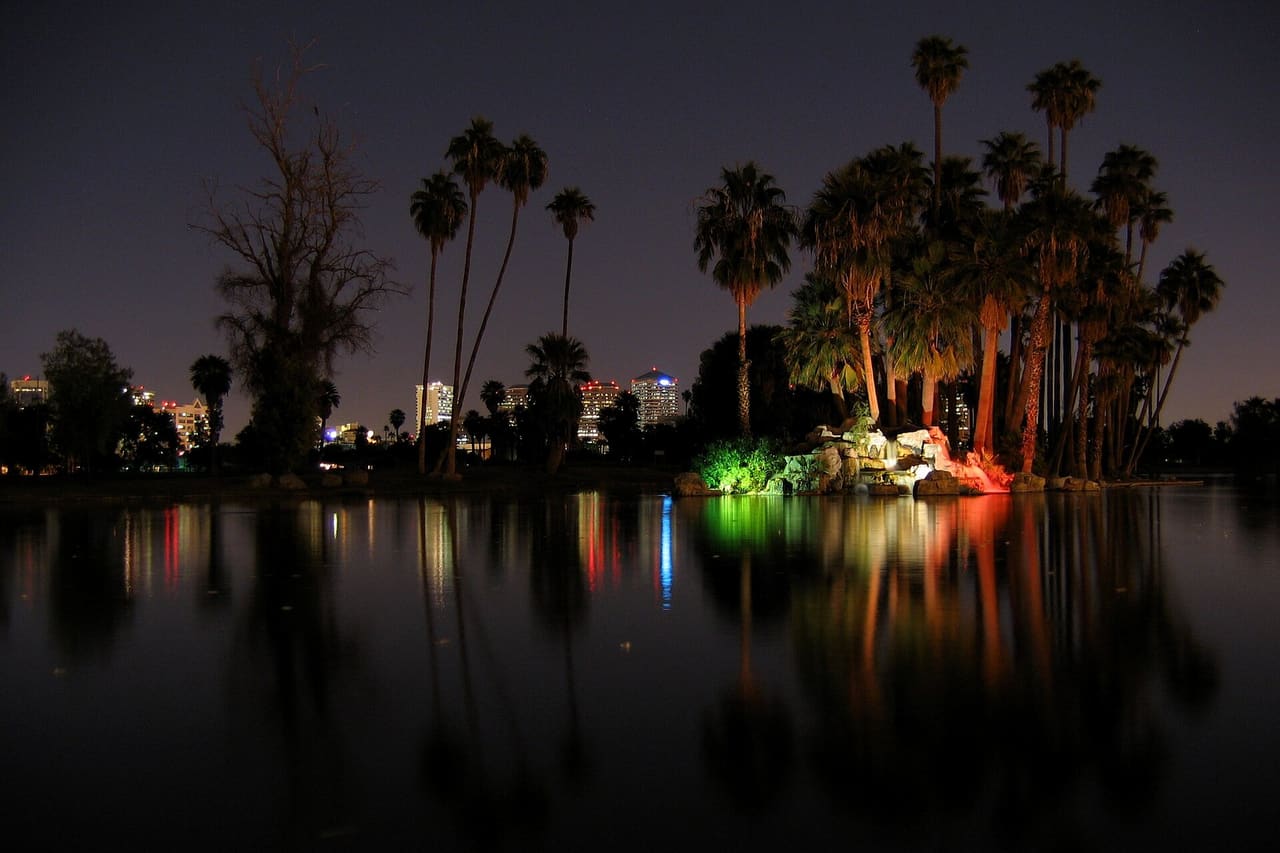 Illuminated palm trees reflecting in pond of Encanto Park. Located in Encanto, an Urban Village within the City of Phoenix.