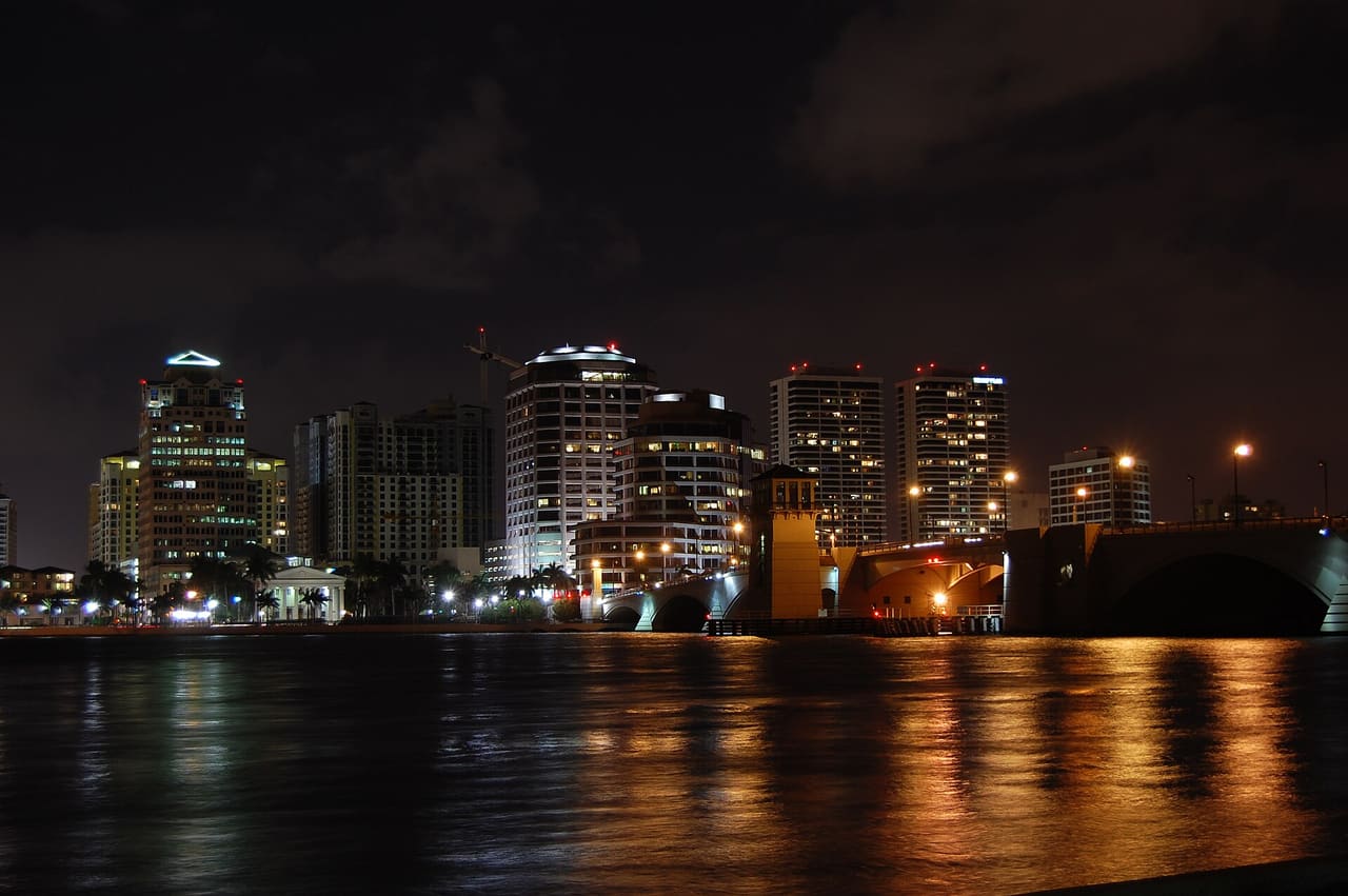The skyline of West Palm Beach at night, taken from the island of Palm Beach.