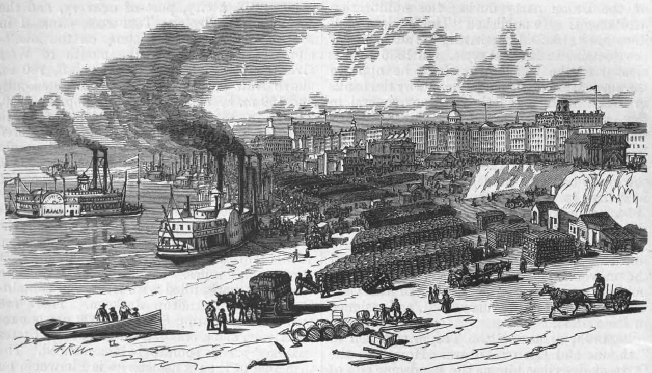 Woodcut representing the waterfront of Memphis, Tennessee.