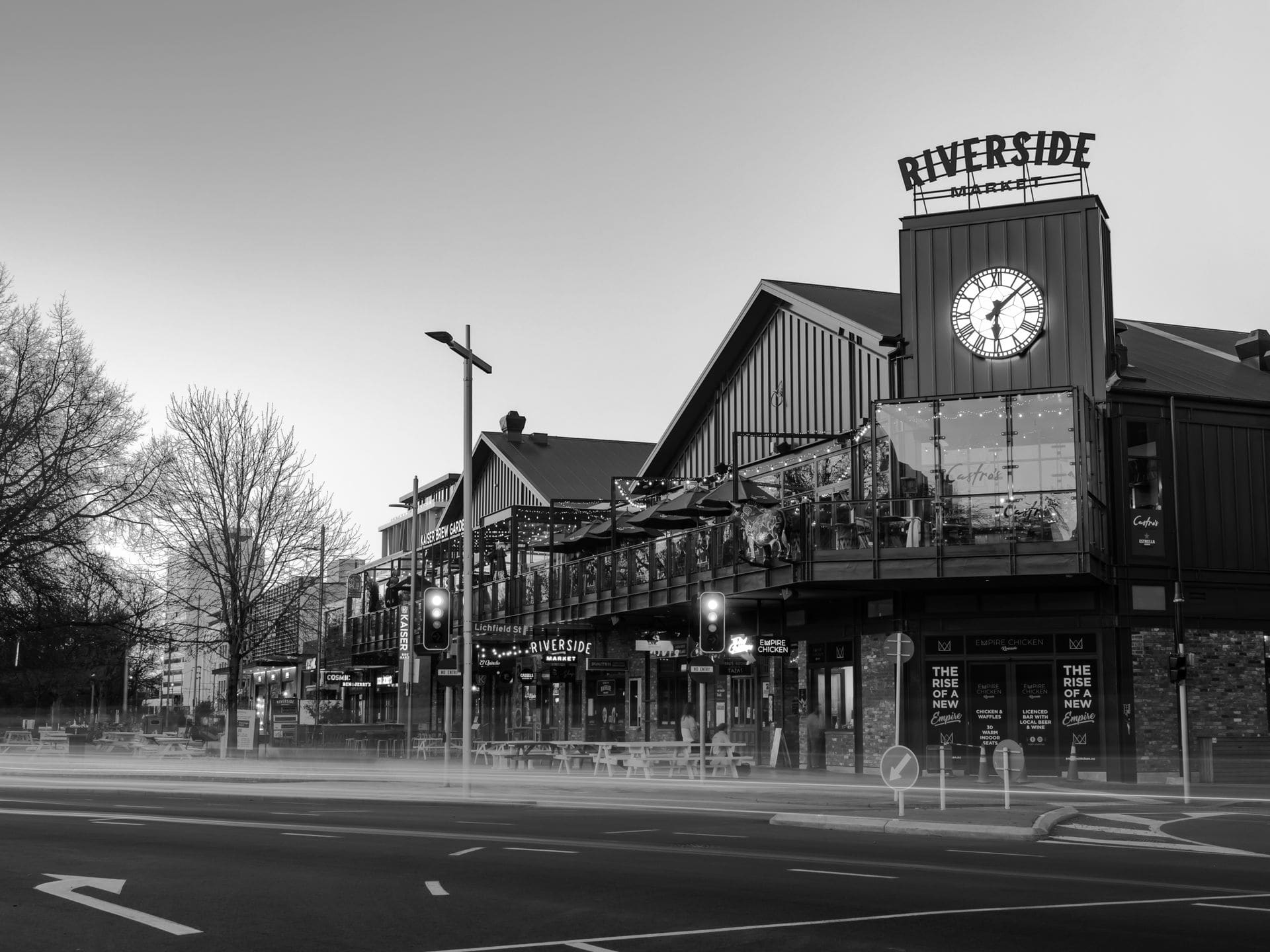 Monochrome image of Riverside Market in Christchurch, showcasing architectural details and vibrant urban vibe.