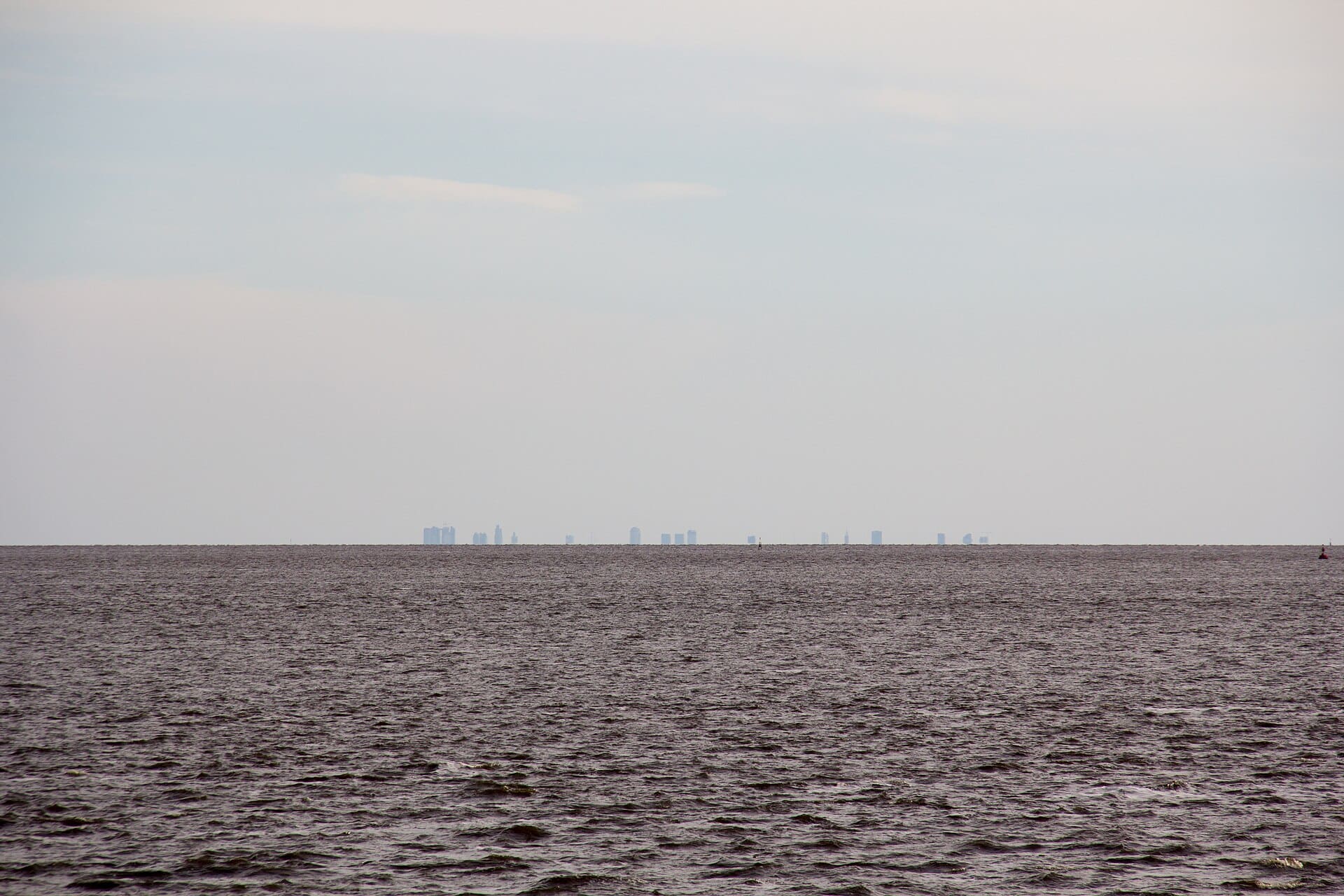 The skyline of Buenos Aires, Argentina, as seen from the San Pedro de Alcántara Bastion, Colonia del Sacramento, Uruguay.