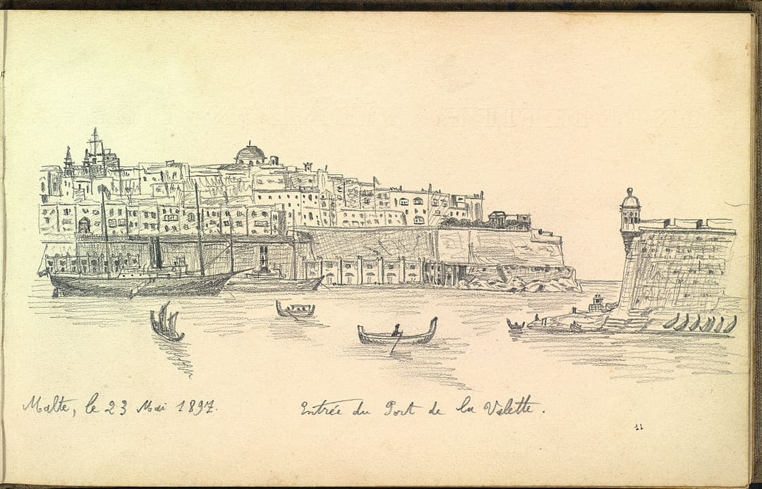 Entrée du port de La Valette à Malte. Image extraite de Frégate école Iphigénie : Campagne 1896-1897. Série de 22 dessins au crayon signés par un aspirant se nommant Le Mée, embarqué sur la frégate école Iphigénie durant la campagne de 1896 - 1897. Partie de Brest, l'Iphigénie fit escale à Madère, aux Canaries, à Dakar, aux Antilles, aux Caraïbes, aux Etats-Unis, aux Açores, à Cadix, en Afrique du Nord, à Malte, en Sicile, à Naples, et rejoignit Toulon le 18 juin 1897. Manuscrit numérisé de la bibliothèque municipale de Brest, France.