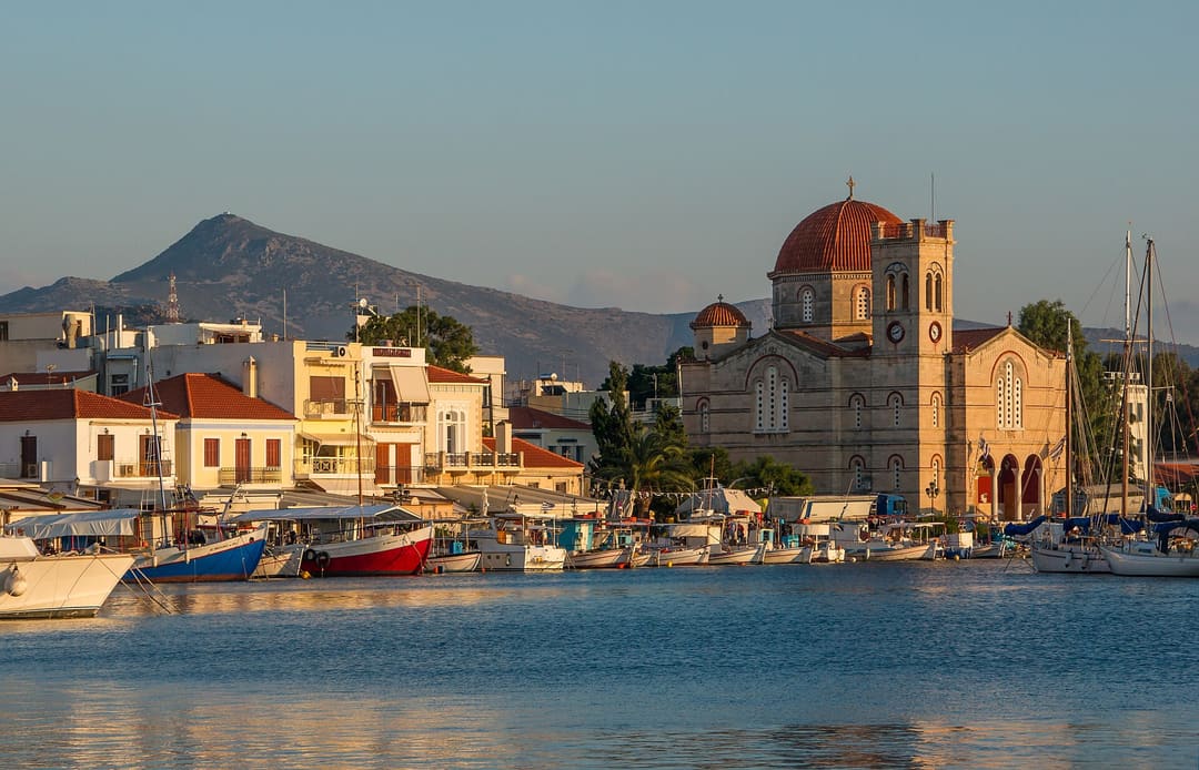Sunset at Ægina harbor, Greece.