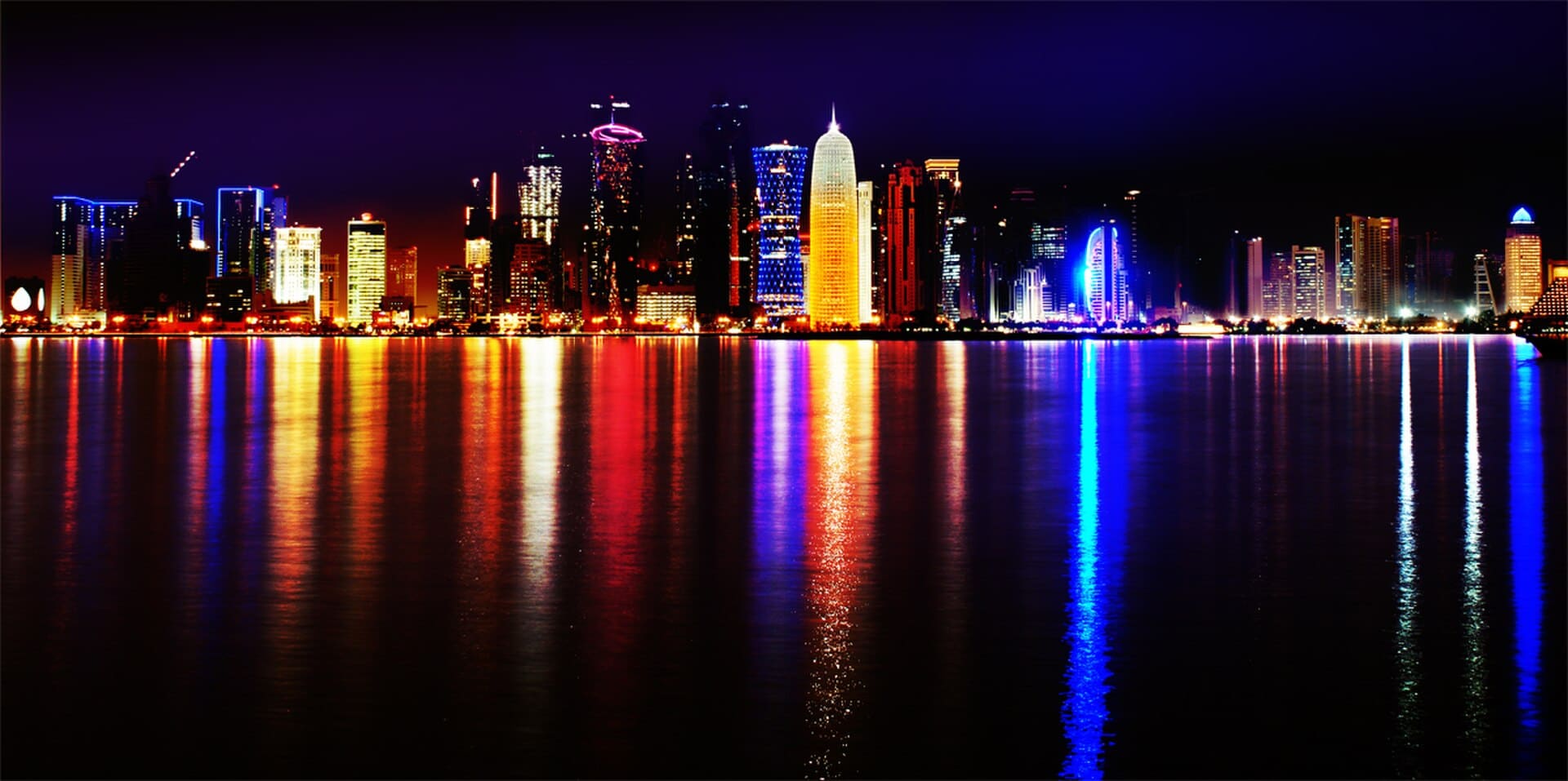 Doha, Qatar. Skyline at night. Showing the expansion of the business district.