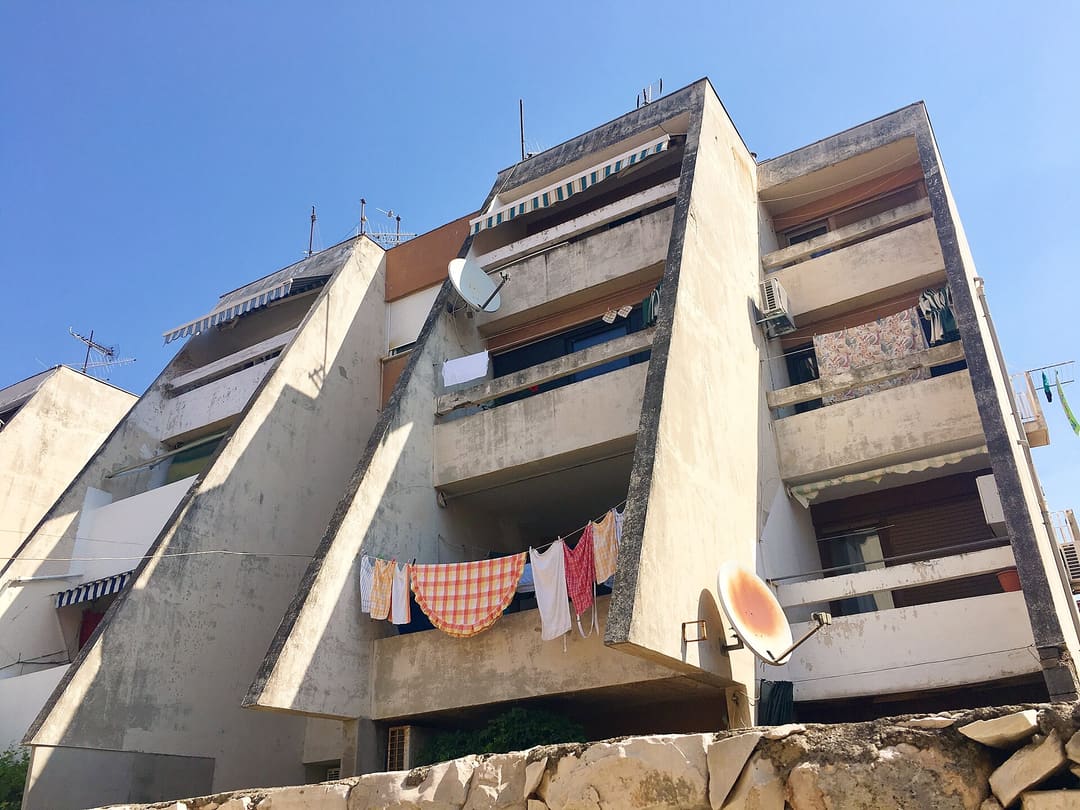 brutalist architecture of housing building on Island Vis Croatia in August 2017.