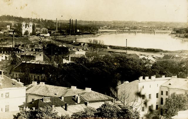 Kaunas railway bridge and cityscape (postcard)